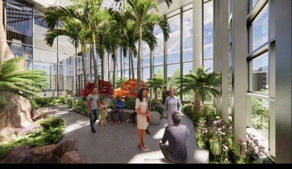A rendering depicts a tropical conservatory.